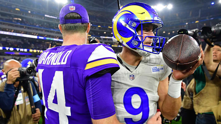 Oct 24, 2024; Inglewood, California, USA; Minnesota Vikings quarterback Sam Darnold (14) meets with Los Angeles Rams quarterback Matthew Stafford (9) following the game at SoFi Stadium. Mandatory Credit: Gary A. Vasquez-Imagn Images Oct 24, 2024; Inglewood, California, USA; Minnesota Vikings quarterback Sam Darnold (14) meets with Los Angeles Rams quarterback Matthew Stafford (9) following the game at SoFi Stadium. Mandatory Credit: Gary A. Vasquez-Imagn Images