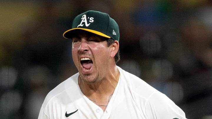Aug 28, 2026; West Sacramento, California, USA; Athletics starting pitcher Jacob Lopez (57) reacts to striking out Baltimore Orioles first baseman Coby Mayo (16) during the fifth inning at Sutter Health Park. Mandatory Credit: D. Ross Cameron-Imagn Images Aug 28, 2026; West Sacramento, California, USA; Athletics starting pitcher Jacob Lopez (57) reacts to striking out Baltimore Orioles first baseman Coby Mayo (16) during the fifth inning at Sutter Health Park. Mandatory Credit: D. Ross Cameron-Imagn Images