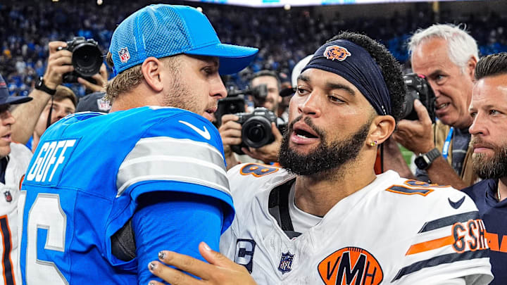 Detroit Lions quarterback Jared Goff (16) hugs Chicago Bears quarterback Caleb Williams (18) Detroit Lions quarterback Jared Goff (16) hugs Chicago Bears quarterback Caleb Williams (18)