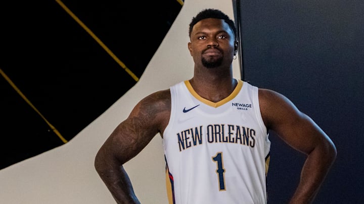 Sep 23, 2025; Metairie, LA, USA; New Orleans Pelicans forward Zion Williamson (1) poses during media day at Ochsner Sports Performance Center. Mandatory Credit: Matthew Hinton-Imagn Images Sep 23, 2025; Metairie, LA, USA; New Orleans Pelicans forward Zion Williamson (1) poses during media day at Ochsner Sports Performance Center. Mandatory Credit: Matthew Hinton-Imagn Images