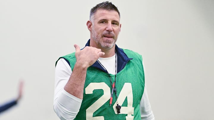 Jun 10, 2025; Foxborough, MA, USA; New England Patriots head coach Mike Vrabel gestures during minicamp held in the WIN Field House at Gillette Stadium. Mandatory Credit: Eric Canha-Imagn Images