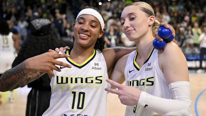Sep 11, 2025; Arlington, Texas, USA; Dallas Wings guard Aziaha James (10) and guard Paige Bueckers (5) pose for a photo after the game against the Phoenix Mercury at College Park Center. Mandatory Credit: Jerome Miron-Imagn Images