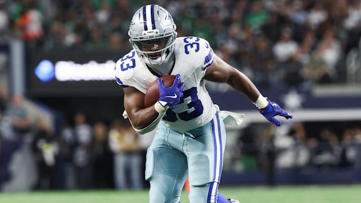 Dallas Cowboys running back Javonte Williams runs with the ball in the second quarter against the Philadelphia Eagles.