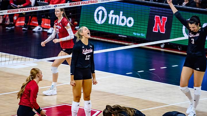 The Huskers celebrate a point after a long rally. 