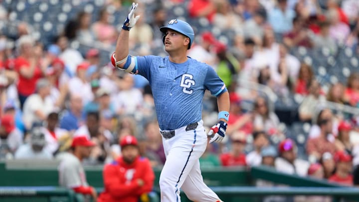 Mar 29, 2025; Washington, District of Columbia, USA; Washington Nationals first baseman Nathaniel Lowe (33) celebrates after hitting two run home run during the eighth inning against the Philadelphia Phillies at Nationals Park. Mar 29, 2025; Washington, District of Columbia, USA; Washington Nationals first baseman Nathaniel Lowe (33) celebrates after hitting two run home run during the eighth inning against the Philadelphia Phillies at Nationals Park.
