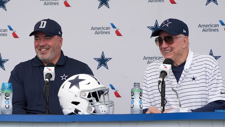 Dallas Cowboys coach Mike McCarthy and owner Jerry Jones speak to media at training camp in 2022. Dallas Cowboys coach Mike McCarthy and owner Jerry Jones speak to media at training camp in 2022.
