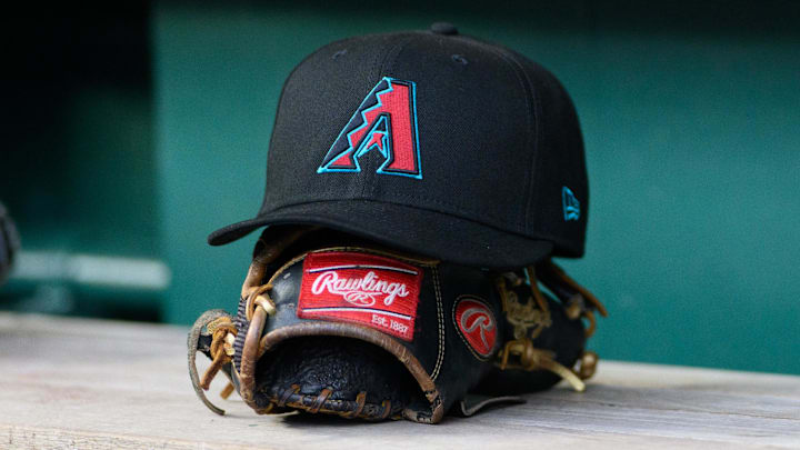 Apr 4, 2025; Washington, District of Columbia, USA; A detailed view of an Arizona Diamondbacks hat at the game between the Washington Nationals and the Arizona Diamondbacks at Nationals Park. Mandatory Credit: Reggie Hildred-Imagn Images
