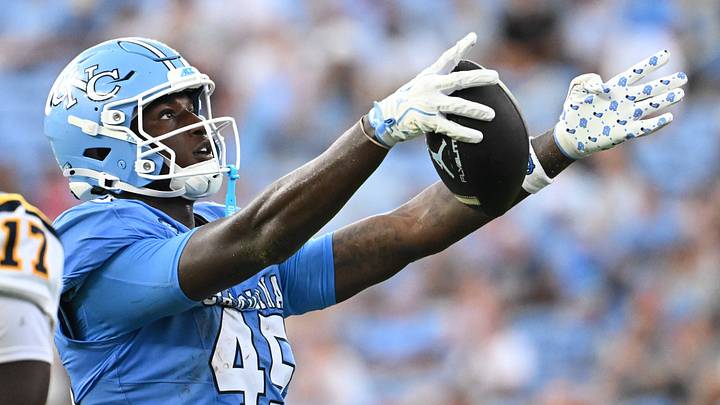Sep 12, 2026; Chapel Hill, North Carolina, USA; North Carolina Tar Heels tight end Jelani Thurman (45) reacts after making a first down in the third quarter at Kenan Stadium. Mandatory Credit: Bob Donnan-Imagn Images Sep 12, 2026; Chapel Hill, North Carolina, USA; North Carolina Tar Heels tight end Jelani Thurman (45) reacts after making a first down in the third quarter at Kenan Stadium. Mandatory Credit: Bob Donnan-Imagn Images