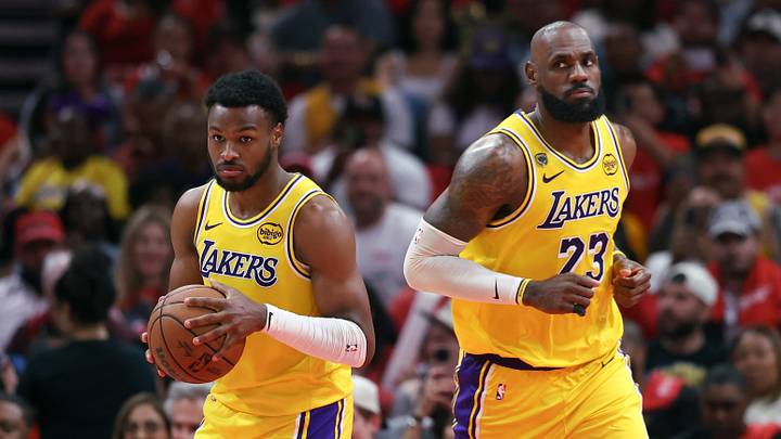Apr 24, 2026; Houston, Texas, USA; Los Angeles Lakers forward LeBron James (23) gives the ball to guard Bronny James (9) during the fourth quarter against the Houston Rockets during game three of the first round of the 2026 NBA Playoffs at Toyota Center. Mandatory Credit: Troy Taormina-Imagn Images Apr 24, 2026; Houston, Texas, USA; Los Angeles Lakers forward LeBron James (23) gives the ball to guard Bronny James (9) during the fourth quarter against the Houston Rockets during game three of the first round of the 2026 NBA Playoffs at Toyota Center. Mandatory Credit: Troy Taormina-Imagn Images