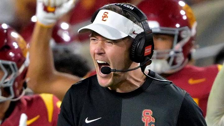 Oct 11, 2025; Los Angeles, California, USA; USC Trojans head coach Lincoln Riley celebrates after kicker Ryon Sayeri (48) hit a 54-yard field goal in the second half against the Michigan Wolverines at United Airlines Field at the Los Angeles Memorial Coliseum. Mandatory Credit: Jayne Kamin-Oncea-Imagn Images Oct 11, 2025; Los Angeles, California, USA; USC Trojans head coach Lincoln Riley celebrates after kicker Ryon Sayeri (48) hit a 54-yard field goal in the second half against the Michigan Wolverines at United Airlines Field at the Los Angeles Memorial Coliseum. Mandatory Credit: Jayne Kamin-Oncea-Imagn Images