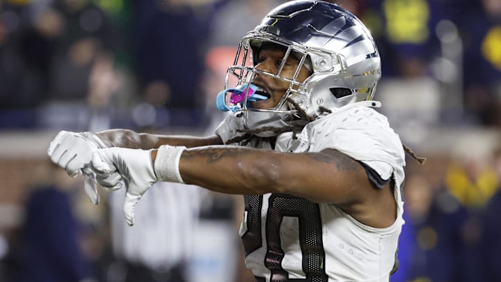 Nov 2, 2024; Ann Arbor, Michigan, USA;  Oregon Ducks running back Jordan James celebrates after scoring a touchdown in the second half against the Michigan Wolverines at Michigan Stadium.