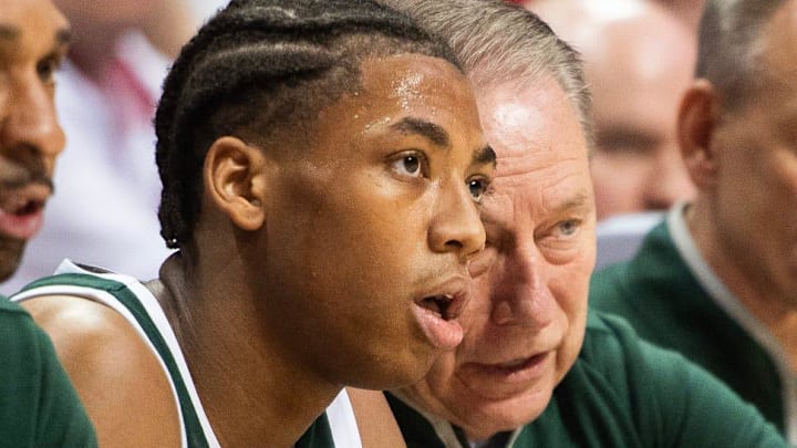 Michigan State Head Coach Tom Izzo talks with Jeremy Fears Jr. (1) during the Indiana versus Michigan State men's basketball game at Simon Skjodt Assembly Hall on Sunday, March 1, 2026. Michigan State Head Coach Tom Izzo talks with Jeremy Fears Jr. (1) during the Indiana versus Michigan State men's basketball game at Simon Skjodt Assembly Hall on Sunday, March 1, 2026.