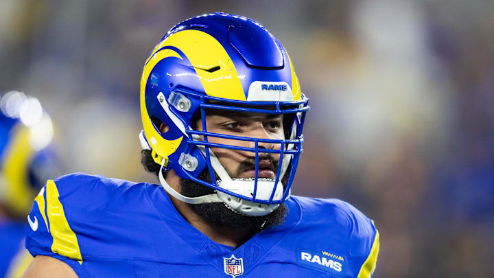 Jan 13, 2025; Glendale, AZ, USA; Los Angeles Rams guard Jonah Jackson (72) against the Minnesota Vikings during an NFC wild card game at State Farm Stadium. Mandatory Credit: Mark J. Rebilas-Imagn Images