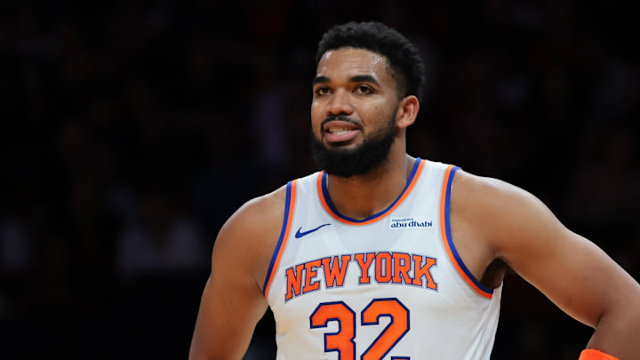 Oct 26, 2025; Miami, Florida, USA; New York Knicks center Karl-Anthony Towns (32) looks on against the Miami Heat during the first quarter at Kaseya Center. Mandatory Credit: Sam Navarro-Imagn Images