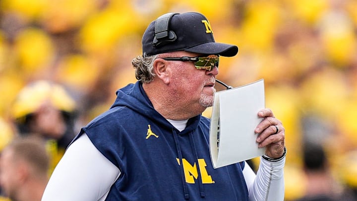 Sep 7, 2024; Ann Arbor, Michigan, USA; Michigan defensive coordinator Wink Martindale calls a play against Texas at Michigan Stadium. Sep 7, 2024; Ann Arbor, Michigan, USA; Michigan defensive coordinator Wink Martindale calls a play against Texas at Michigan Stadium.