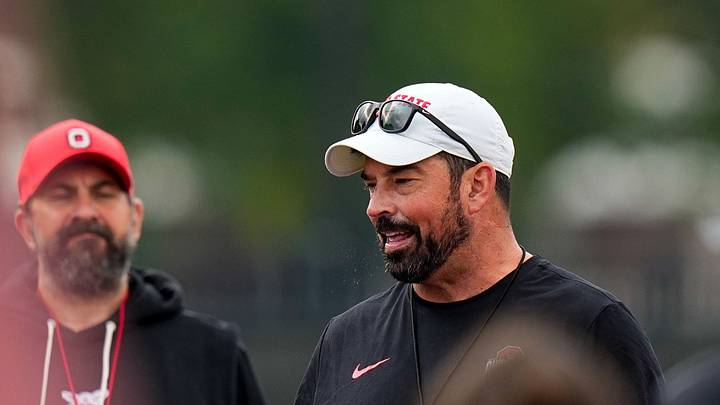 Ohio State Buckeyes head coach Ryan Day speaks to his players during the third day of training camp at the Woody Hayes Athletic Center on Aug. 8, 2026 in Columbus, Ohio.