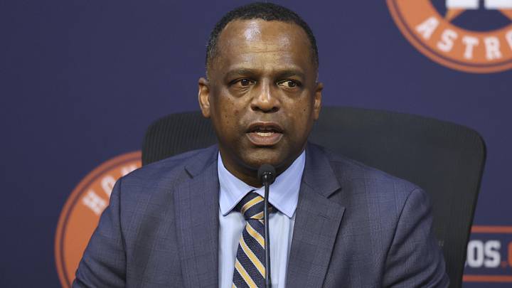 Jan 5, 2026; Houston, TX, USA; Houston Astros general manager Dana Brown speaks at a press conference  to introduce Japanese pitcher Tatsuya Imai at Daikin Park. Mandatory Credit: Troy Taormina-Imagn Images