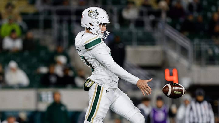 Nov 8, 2025; Fort Collins, Colorado, USA; Colorado State Rams kicker Bryan Hansen (83) punts the ball away in the third quarter against the UNLV Rebels at Sonny Lubick Field at Canvas Stadium. Nov 8, 2025; Fort Collins, Colorado, USA; Colorado State Rams kicker Bryan Hansen (83) punts the ball away in the third quarter against the UNLV Rebels at Sonny Lubick Field at Canvas Stadium.