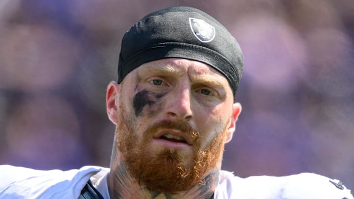 Sep 15, 2024; Baltimore, Maryland, USA; Las Vegas Raiders defensive end Maxx Crosby (98) looks on during a timeout during the first half against the Baltimore Ravens at M&T Bank Stadium. Mandatory Credit: Reggie Hildred-Imagn Images