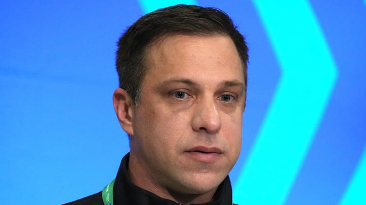 Feb 27, 2024; Indianapolis, IN, USA; Kansas City Chiefs general manager Brett Veach speaks during a press conference at the NFL Scouting Combine at Indiana Convention Center. Mandatory Credit: Kirby Lee-Imagn Images