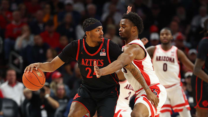 Dec 20, 2025; Phoenix, Arizona, USA; San Diego State Aztecs guard Taj DeGourville (24).