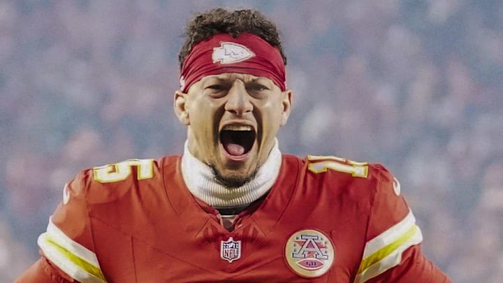 Dec 7, 2025; Kansas City, Missouri, USA; Kansas City Chiefs quarterback Patrick Mahomes (15) yells prior to the game against the Houston Texans at GEHA Field at Arrowhead Stadium. Mandatory Credit: Denny Medley-Imagn Images