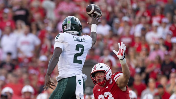 Oct 4, 2025; Lincoln, Nebraska, USA;  Nebraska Cornhuskers defensive lineman Kade Pietrzak (93) pressures Michigan State Spartans quarterback Aidan Chiles (2) at Memorial Stadium. Mandatory Credit: Kylie Graham-Imagn Images