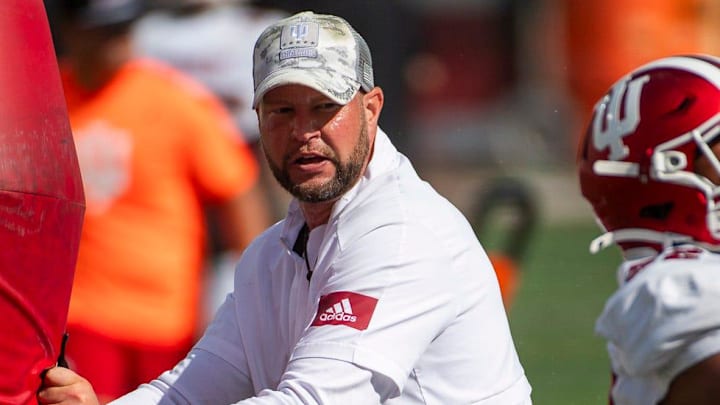 Indiana defensive coordinator Bryant Haines instructs players during fall practice Aug. 16, 2024, at the Mellencamp Pavilion in Bloomington.