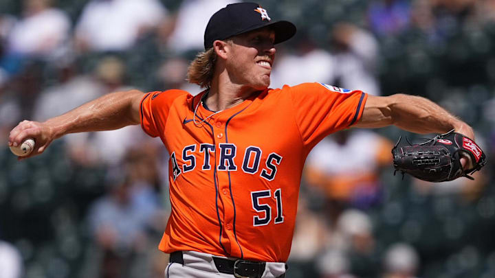  Houston Astros relief pitcher Jordan Weems (51) delivers a pitch in the sixth inning against the Colorado Rockies at Coors Field. Mandatory Credit: Ron Chenoy-Imagn Images