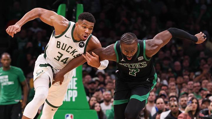 Nov 22, 2023; Boston, Massachusetts, USA; Milwaukee Bucks forward Giannis Antetokounmpo (34) and Boston Celtics forward Jaylen Brown (7) fight for the ball during the second half at TD Garden. Mandatory Credit: Paul Rutherford-Imagn Images Nov 22, 2023; Boston, Massachusetts, USA; Milwaukee Bucks forward Giannis Antetokounmpo (34) and Boston Celtics forward Jaylen Brown (7) fight for the ball during the second half at TD Garden. Mandatory Credit: Paul Rutherford-Imagn Images