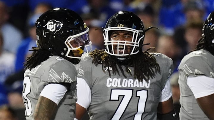 Sep 27, 2025; Boulder, Colorado, USA; Colorado Buffaloes quarterback Kaidon Salter (3) celebrates his rushing touchdown with offensive lineman Xavier Hill (71) in the first quarter against the Brigham Young Cougars at Folsom Field. Mandatory Credit: Ron Chenoy-Imagn Images Sep 27, 2025; Boulder, Colorado, USA; Colorado Buffaloes quarterback Kaidon Salter (3) celebrates his rushing touchdown with offensive lineman Xavier Hill (71) in the first quarter against the Brigham Young Cougars at Folsom Field. Mandatory Credit: Ron Chenoy-Imagn Images