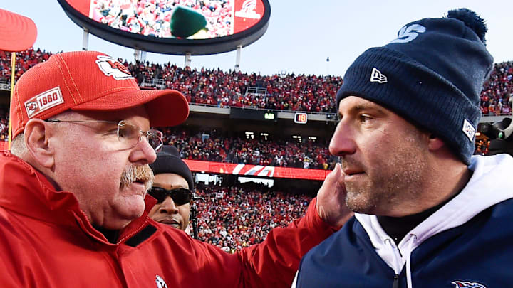 Kansas City Chiefs head coach Andy Reid shakes hands with Tennessee Titans head coach Mike Vrabel after defeating the Titans 35 to 24 in the AFC Championship game at Arrowhead Stadium Sunday, Jan. 19, 2020 in Kansas City, Mo.

Nas Titans Afc Championship 019