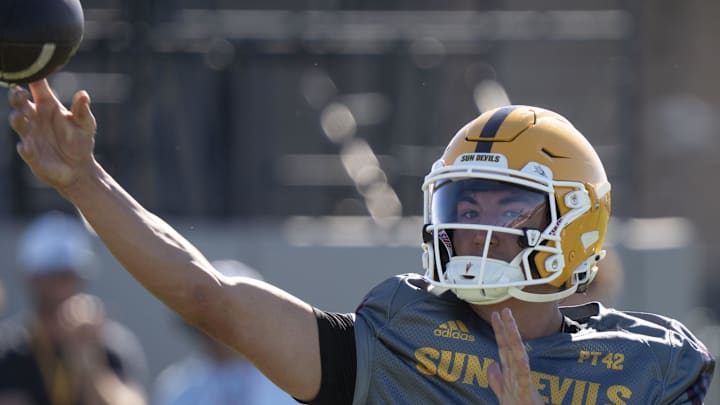 Jake Fette (#2 QB) throws a pass during ASU football practice at Kajikawa Practice fields in Tempe, Arizona, on March 19, 2026. Jake Fette (#2 QB) throws a pass during ASU football practice at Kajikawa Practice fields in Tempe, Arizona, on March 19, 2026.