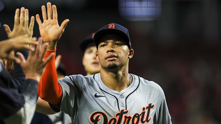 Jul 5, 2024; Cincinnati, Ohio, USA; Detroit Tigers outfielder Wenceel Perez (46) high fives teammates after the victory over the Cincinnati Reds at Great American Ball Park Jul 5, 2024; Cincinnati, Ohio, USA; Detroit Tigers outfielder Wenceel Perez (46) high fives teammates after the victory over the Cincinnati Reds at Great American Ball Park