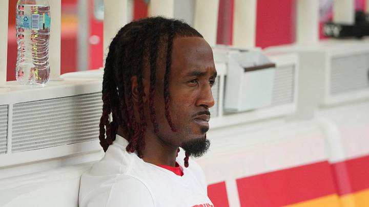 Aug 15, 2026; Kansas City, Missouri, USA; Kansas City Chiefs cornerback L'jarius Sneed (38) watches warmups against the Los Angeles Rams prior to a pre season at Arrowhead Stadium. Mandatory Credit: Denny Medley-Imagn Images