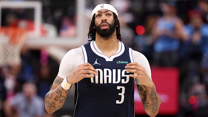 Apr 5, 2025; Inglewood, California, USA;  Dallas Mavericks forward Anthony Davis (3) looks on during the second half against the Los Angeles Clippers at Intuit Dome. Mandatory Credit: Kiyoshi Mio-Imagn Images