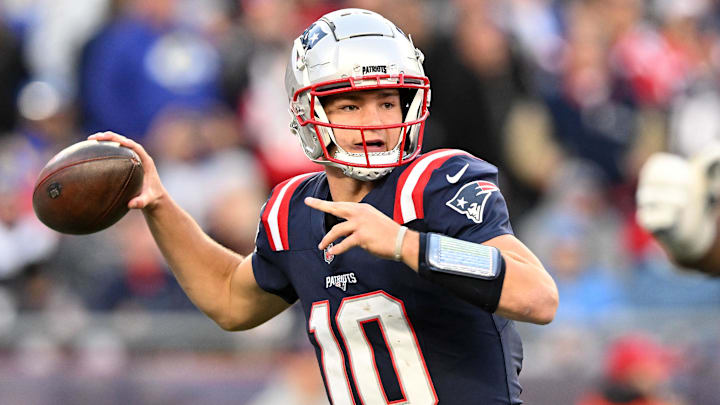 Nov 17, 2024; Foxborough, Massachusetts, USA; New England Patriots quarterback Drake Maye (10) throws the ball against the Los Angeles Rams during the second half at Gillette Stadium. Mandatory Credit: Brian Fluharty-Imagn Images Nov 17, 2024; Foxborough, Massachusetts, USA; New England Patriots quarterback Drake Maye (10) throws the ball against the Los Angeles Rams during the second half at Gillette Stadium. Mandatory Credit: Brian Fluharty-Imagn Images