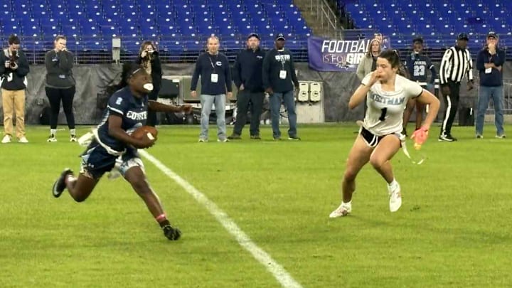 Clarksburg girls flag football quarterback Aysia Jones Robinson in action in the un-sanction 2025 Maryland 4A/3A state championship game. The sport was granted full varsity status by the MPSSAA.