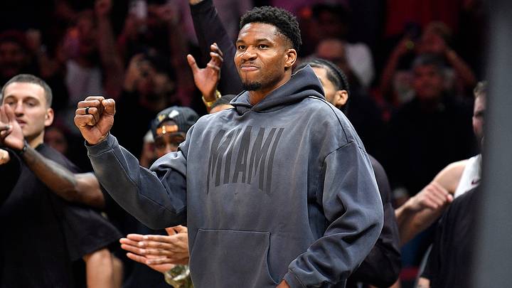 Miami Heat small forward Giannis Antetokounmpo cheers for his team  (Mandatory Credit: Michael Laughlin-Imagn Images)