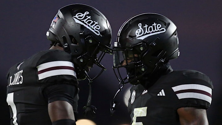 Mississippi State Bulldogs defensive back Kelley Jones (1) and defensive back Stonka Burnside (5) react during the second quarter against the Arizona State Sun Devils at Davis Wade Stadium at Scott Field.