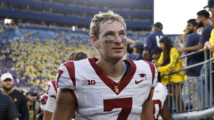 Sep 21, 2024; Ann Arbor, Michigan, USA;  USC Trojans quarterback Miller Moss (7) walks off the field after the game against the Michigan Wolverines at Michigan Stadium. Mandatory Credit: Rick Osentoski-Imagn Images