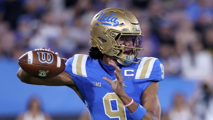 Sep 12, 2025; Pasadena, California, USA;  UCLA Bruins quarterback Nico Iamaleava (9) looks to pass during the first quarter against the New Mexico Lobos at Rose Bowl. Mandatory Credit: Kiyoshi Mio-Imagn Images