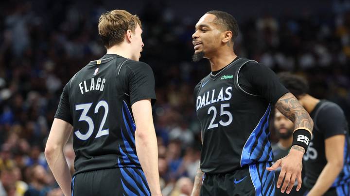 Apr 5, 2026; Dallas, Texas, USA; Dallas Mavericks forward Cooper Flagg (32) celebrates with Dallas Mavericks forward P.J. Washington (25) against the Los Angeles Lakers during the second half at American Airlines Center. Mandatory Credit: Kevin Jairaj-Imagn Images Apr 5, 2026; Dallas, Texas, USA; Dallas Mavericks forward Cooper Flagg (32) celebrates with Dallas Mavericks forward P.J. Washington (25) against the Los Angeles Lakers during the second half at American Airlines Center. Mandatory Credit: Kevin Jairaj-Imagn Images