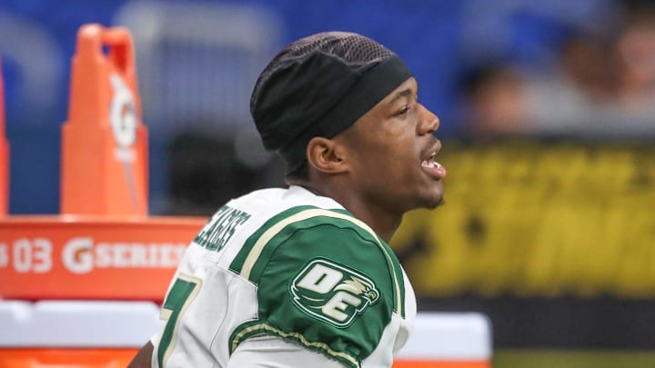 DeSoto's Ethan Feaster warms up after halftime during Friday's game at the Alamodome on Sept. 13, 2024, in San Antonio, Texas. 