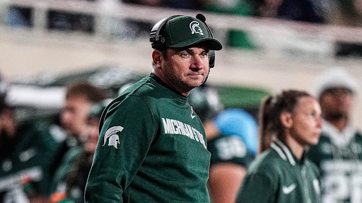Michigan State head coach Jonathan Smith watches a play against Michigan during the second half at Spartan Stadium in East Lansing on Saturday, October 25, 2025.