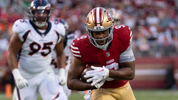 Aug 19, 2023; Santa Clara, California, USA; San Francisco 49ers tight end Brayden Willis (9) runs with the ball during the third quarter against the Denver Broncos at Levi's Stadium. Mandatory Credit: Stan Szeto-Imagn Images Aug 19, 2023; Santa Clara, California, USA; San Francisco 49ers tight end Brayden Willis (9) runs with the ball during the third quarter against the Denver Broncos at Levi's Stadium. Mandatory Credit: Stan Szeto-Imagn Images