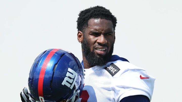 New York Giants linebacker Brian Burns (0) looks on during training camp at Quest Diagnostics Training Center.  