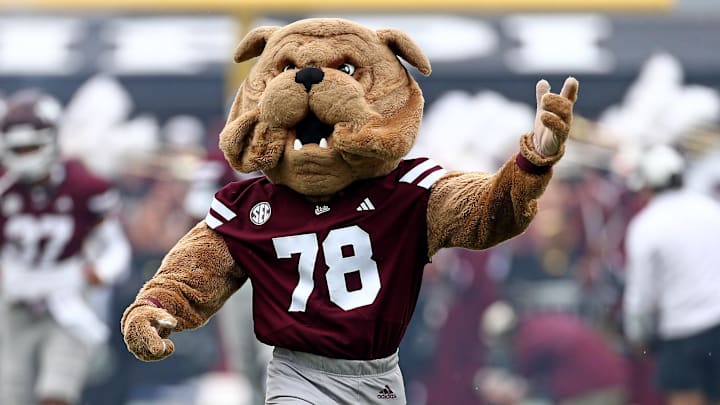 Mississippi State Bulldogs mascot Bully runs onto the field prior to the game against the Texas Longhorns at Davis Wade Stadium at Scott Field.