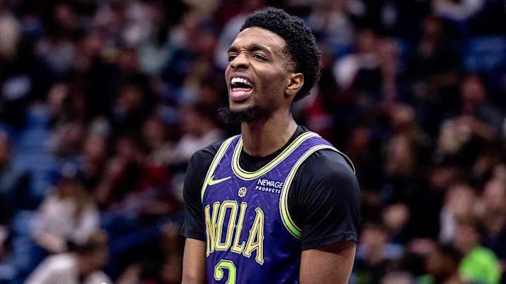 Dec 30, 2024; New Orleans, Louisiana, USA;  New Orleans Pelicans forward Herbert Jones (2) against the LA Clippers on a free throw attempt during the first half at Smoothie King Center. Mandatory Credit: Stephen Lew-Imagn Images