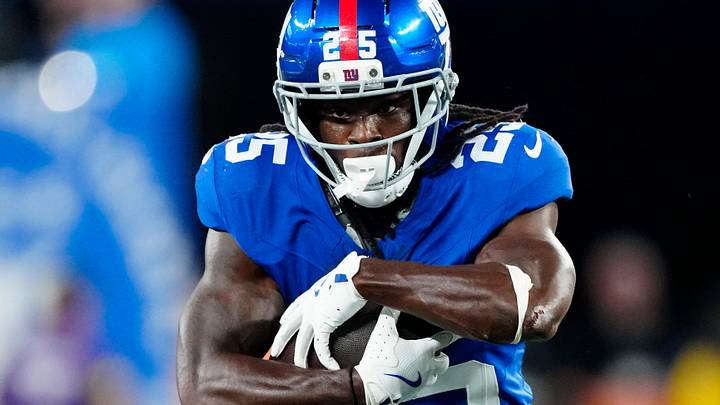 New York Giants running back Dante Miller (25) is shown during the second quarter, Thursday, August 21, 2025, in East Rutherford.